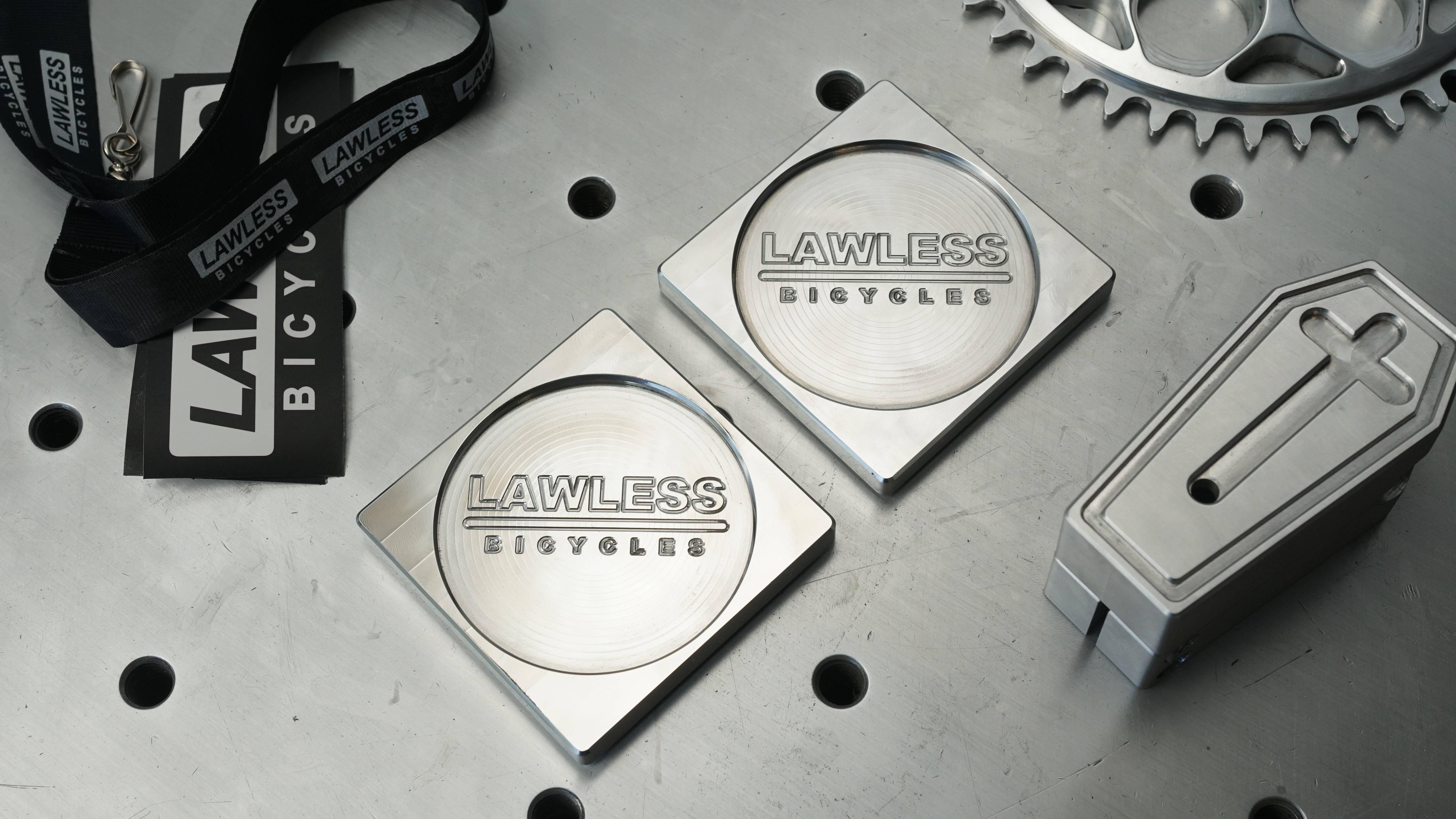 Lawless Bicycles CNC billet aluminum coaster set Main image